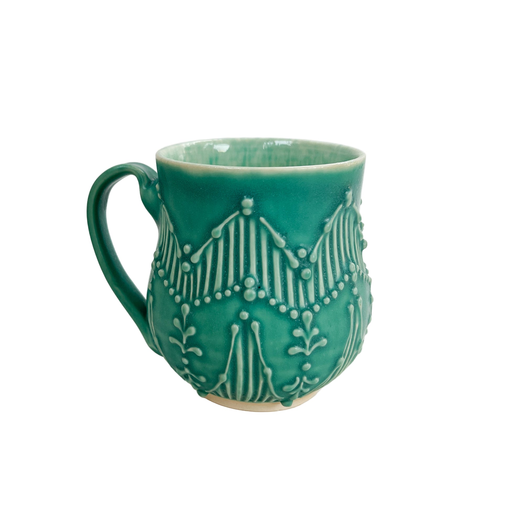 A teal/turquoise mug with zig zag pattern